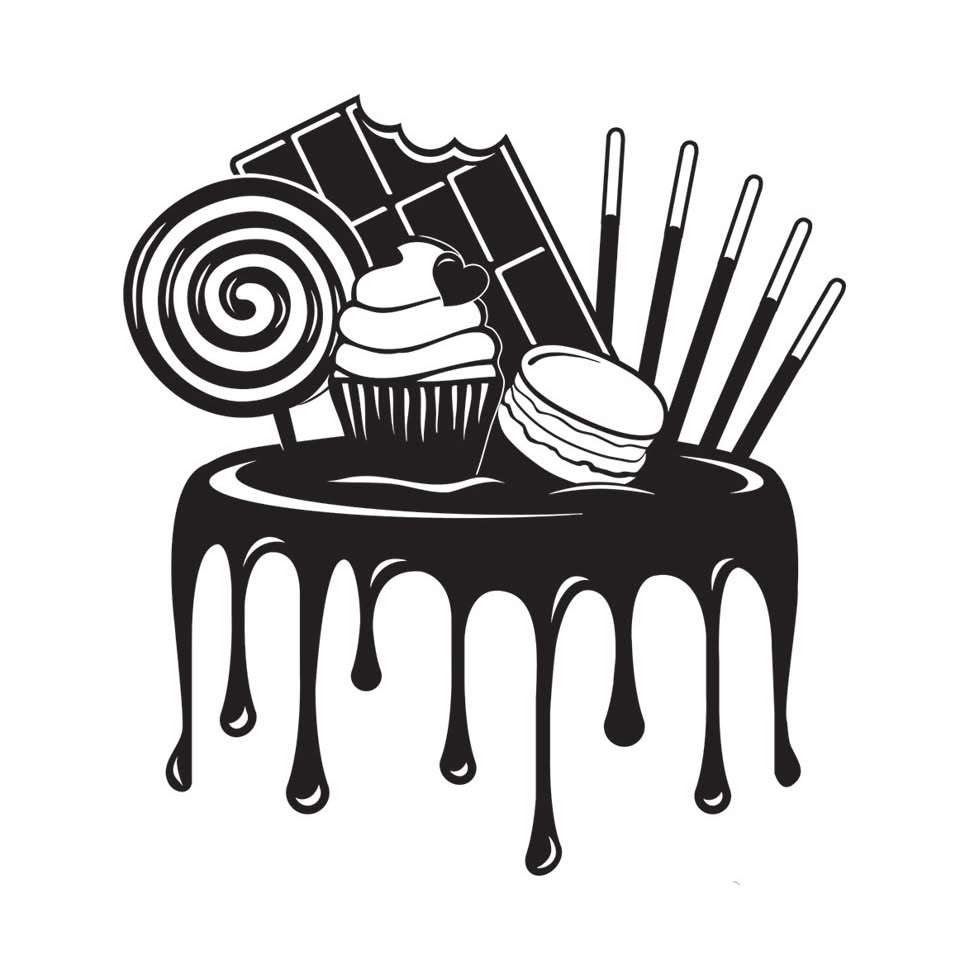 So Many Somethings Desserterie logo — a black and white drip cake with a swirl lollipop, cupcake, chocolate, and a macaron