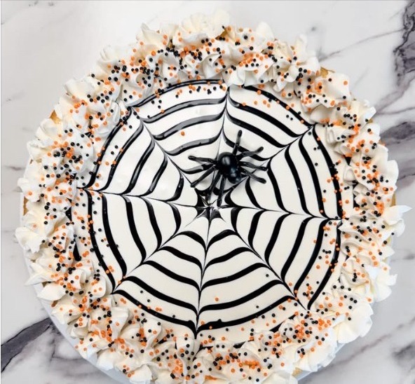 Spiderweb Cheesecake with a black chocolate spiderweb on white ganache